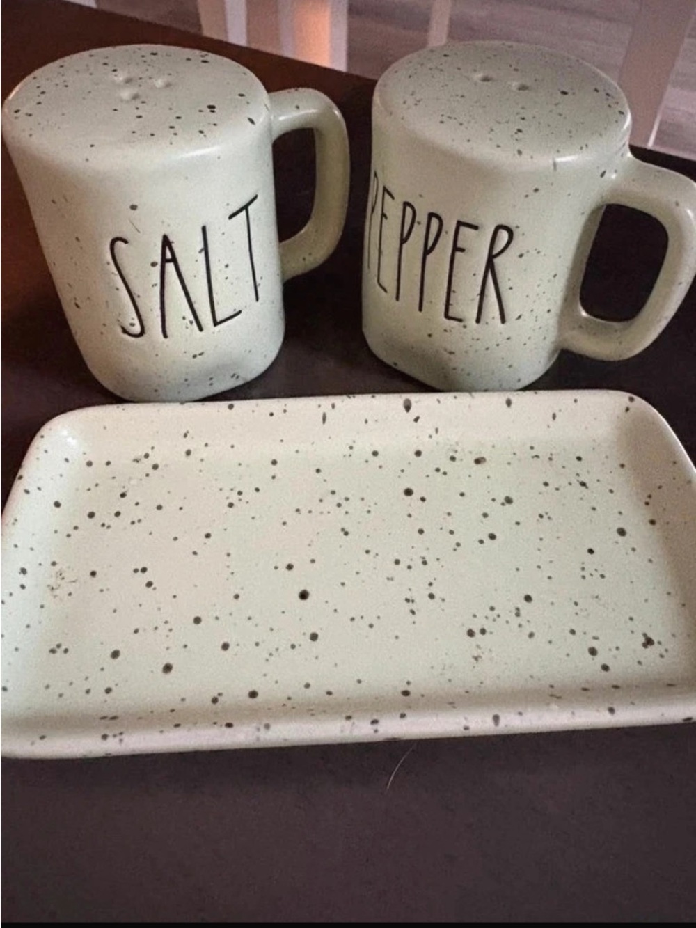 Rae Dunn Speckled Salt & Pepper Set with Tray - Sage Green